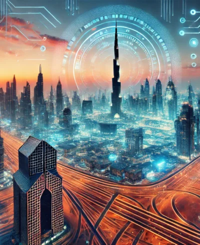 DALL·E 2024-08-28 22.43.15 - Dubai skyline at sunset with towering skyscrapers, Burj Khalifa prominently featured, surrounded by a futuristic digital overlay. Include elements lik