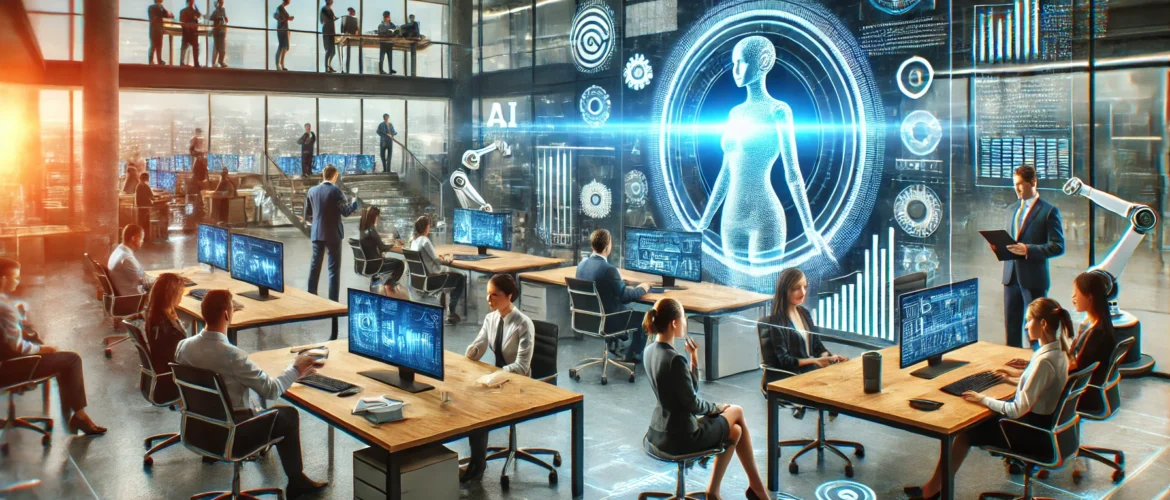 DALL·E 2024-08-29 13.06.17 - A dynamic image of a modern office setting featuring a diverse group of professionals actively collaborating with advanced AI-powered tools. Include a