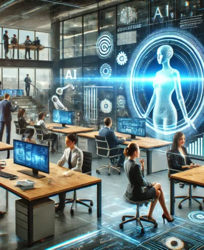 DALL·E 2024-08-29 13.06.17 - A dynamic image of a modern office setting featuring a diverse group of professionals actively collaborating with advanced AI-powered tools. Include a