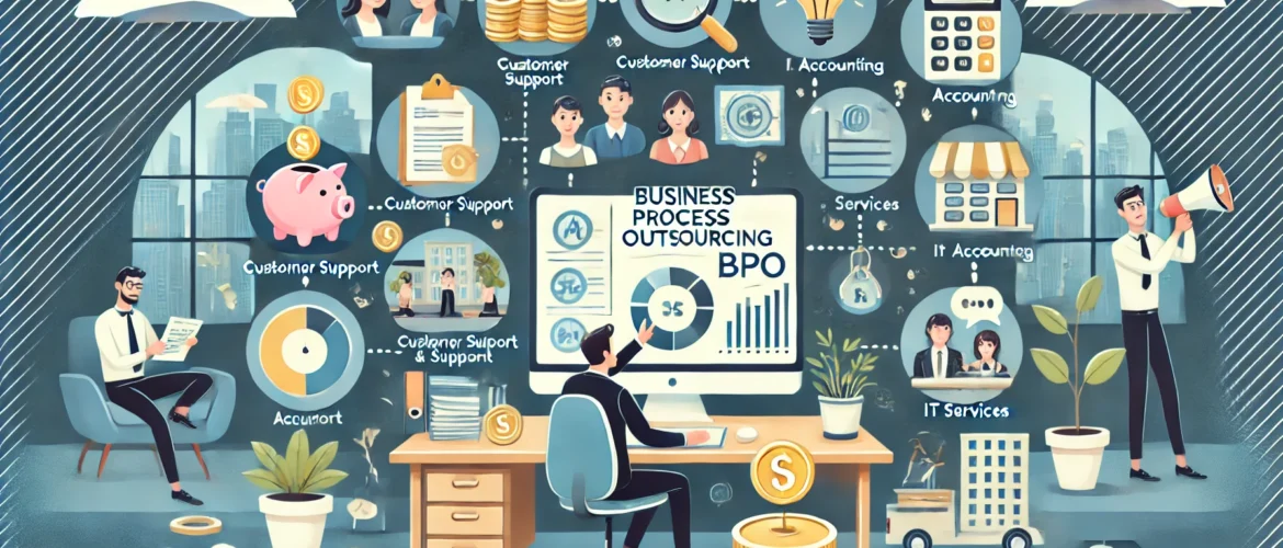 DALL·E 2024-08-29 21.36.25 - An illustration showing how small businesses can save costs through Business Process Outsourcing (BPO). Depict a small office environment with a busin