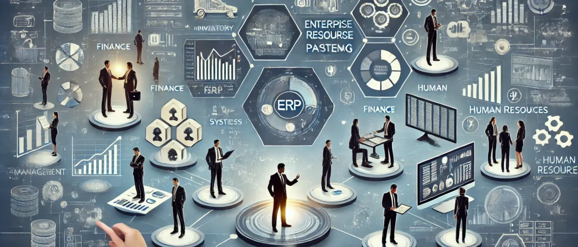 DALL·E 2024-08-29 21.42.14 - An illustration depicting how modern ERP (Enterprise Resource Planning) systems and information systems affect the dynamics of business. Show a digita