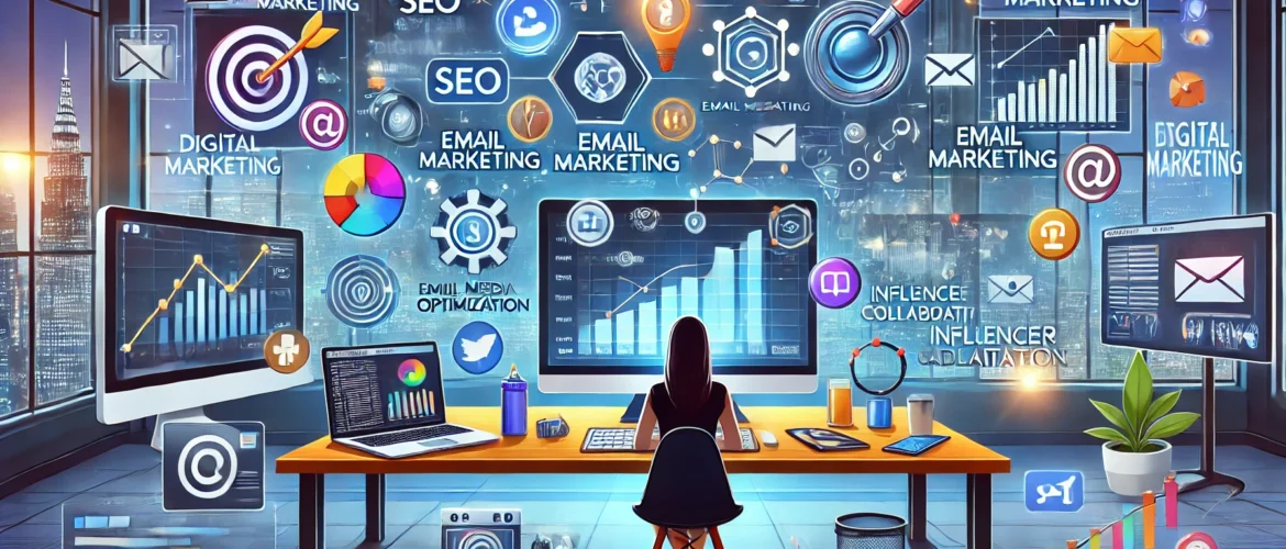 DALL·E 2024-08-29 21.52.58 - An illustration showcasing mastering digital marketing with proven strategies to sell products or services. Include visual elements like a marketer an