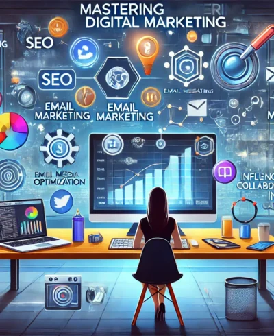 DALL·E 2024-08-29 21.52.58 - An illustration showcasing mastering digital marketing with proven strategies to sell products or services. Include visual elements like a marketer an